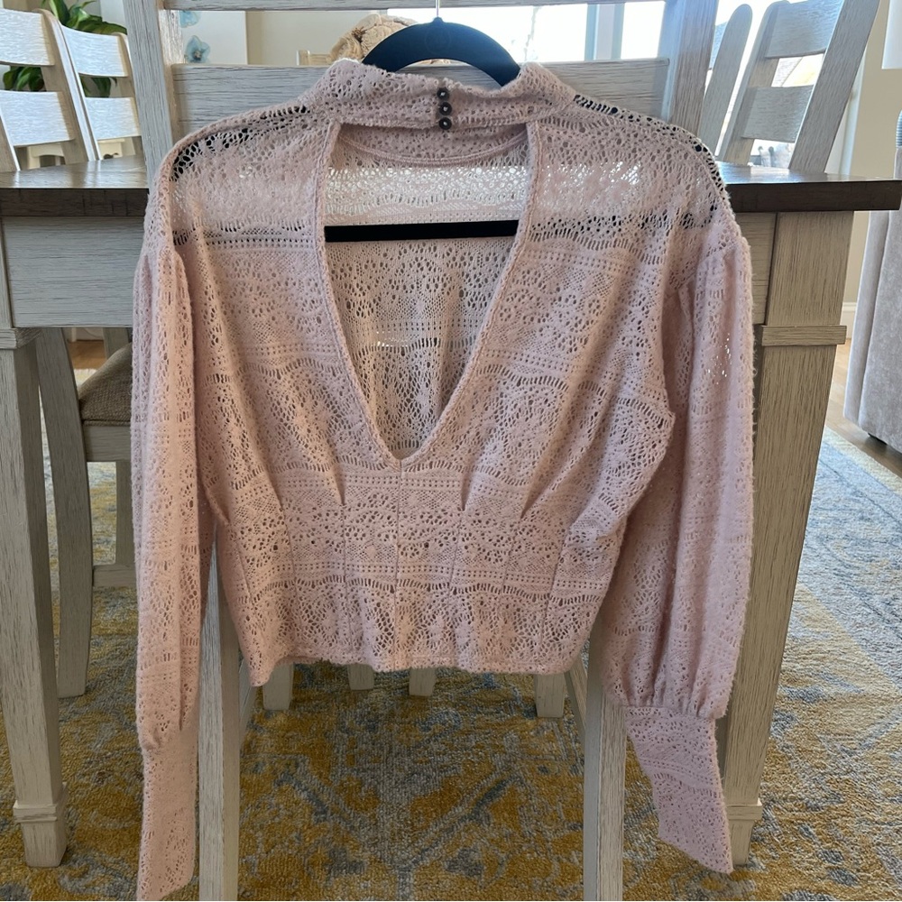 Free People - Rare - Blush Pink Sheer Lace-Like Sweater w/ Mock Neck & Open Back - Picture 4 of 9